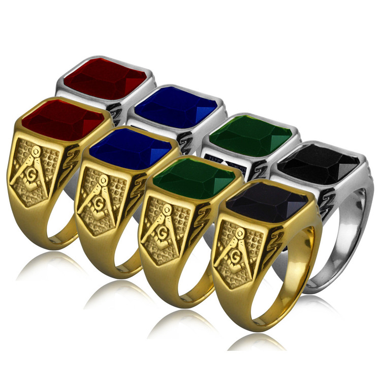 

New Arrival Big Jewels Gemstone Mason Sing Silver Gold Stainless Steel Aquamarines Blue Black Red Green Rhinestones Freemason Masonic Rings For Men