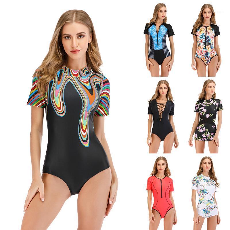 

Diving Sexy Short Sleeve Swimwear Women One Piece swimsuit Print Rashguard Swimming Bathing Suit Beach Wear Bodysuit Monokini1