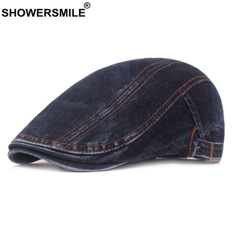 

Berets SHOWERSMILE Mens Beret Denim Patchwork Flat Cap Blue Visors Male British Style Spring Autumn Vintage Unisex Sboy Driving Hat, Black