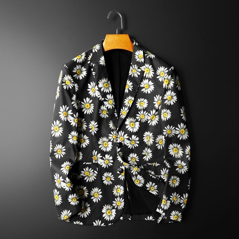

2021 Male Thin Blazer Business Flower Unique Print the Man Loose Jacket Chaquette Formal Xc58, Black