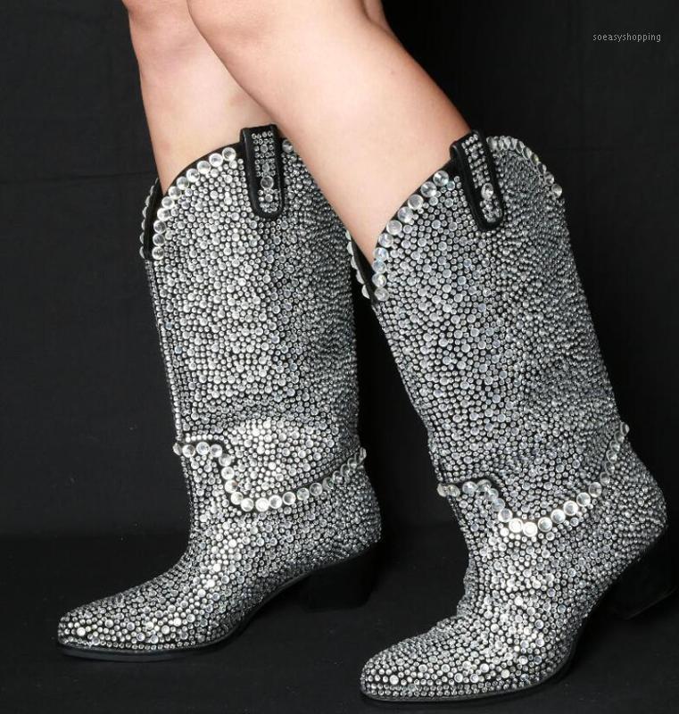 

Bling Women Full Rhinestone Drilled Boots Woman Pointed toe Chunky Heels Mid Calf Boots Slip on Jeweled Crystal Bottes Shoes1, As pic