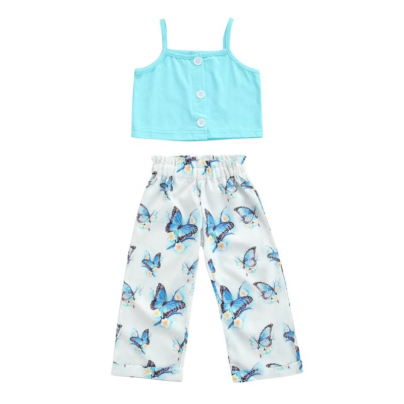 

Clothing Sets 2PCS Summer Casual Children Kids Baby Girls Clothes Solid Strap Sleeveless Crop Tops+Butterfly Print Pants Outfits 2-7Y, White