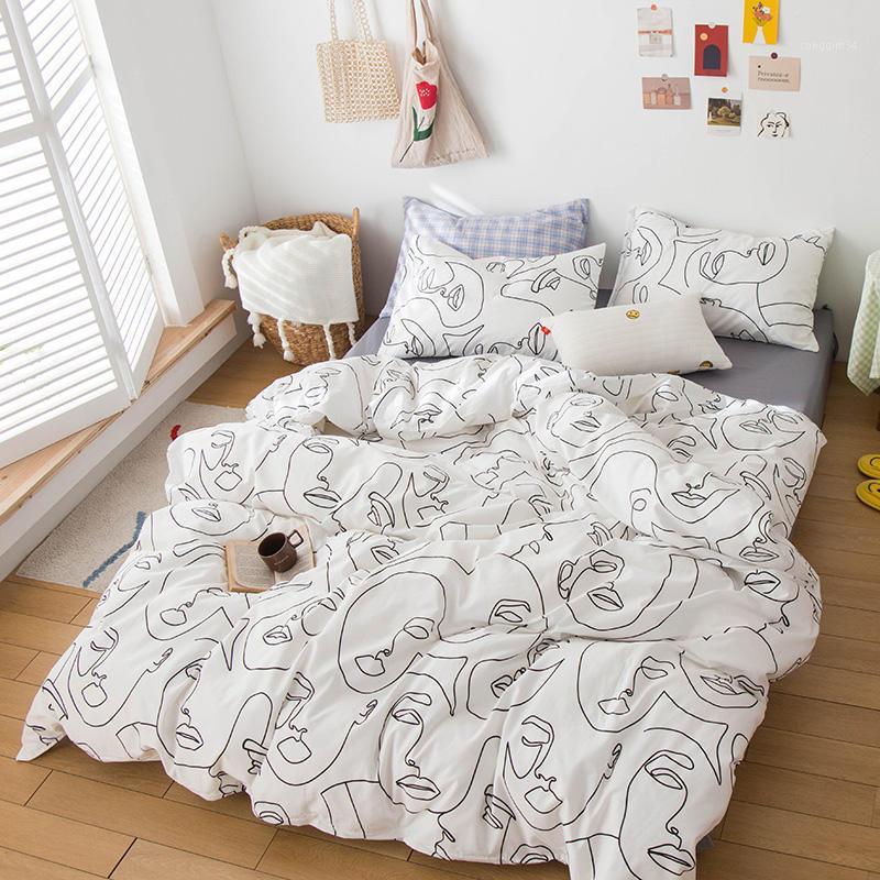 

Cotton Bedding Set White Color Abstract Bed Linen 100%Cotton Bed Sheet with Pillowcase Printed Cover Sets1, Type 4