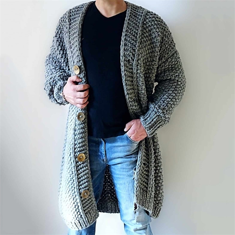 

Fall Winter Men Sweater Tops Fashion Plain Casual Long Knitted Cardigan Grey Korean Loose Plus Outerwear Button Thicken Jumpers 201105, Gray