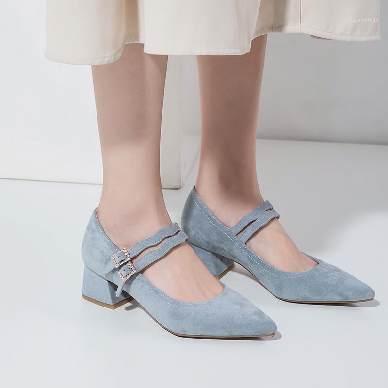 

YMECHIC 2020 Autumn Blue Pink Black Suede Women Heels Fashion Party Office Ladies High Heel Pumps Mary Jane Shoes Large Size 431