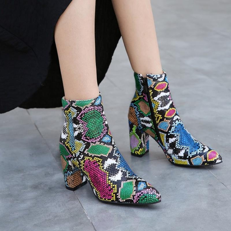 

US4-12 Womens Snake Pattern Match Colors Ankle Boots Block High Heel Shoes Side Zip PU Leather Plus Size 3Colors