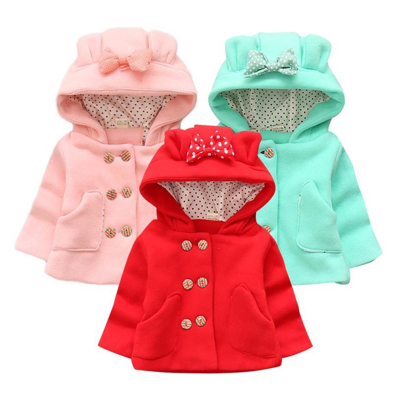 

2020 Baby Girls Winter Plush Coat Child Cute Bow Hooded Cotton Outerwear Hat Button Thick Jacket Kids Lovely Solid Color Clothes, Green