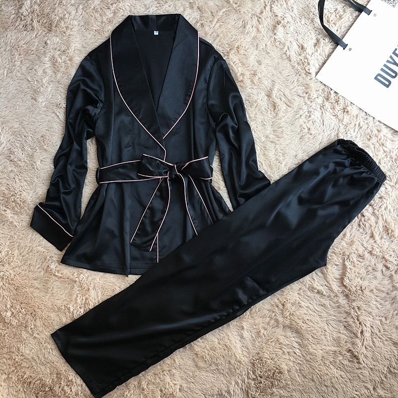 Daeyard High Grade Silk Satin Women Pajama Set Long Sleeve Robe And Pants Female Autumn Bathrobe Suit Elegant Sleepwear Homewear 201031