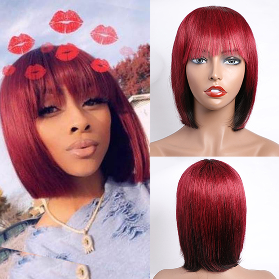 

ModernShow Pixie Cut Bob Wig Peruvian Remy Straight Short Human Hair Wigs For Women Ombre Red Blue Blond Color Human Hair Bangs Wig, Burgundy