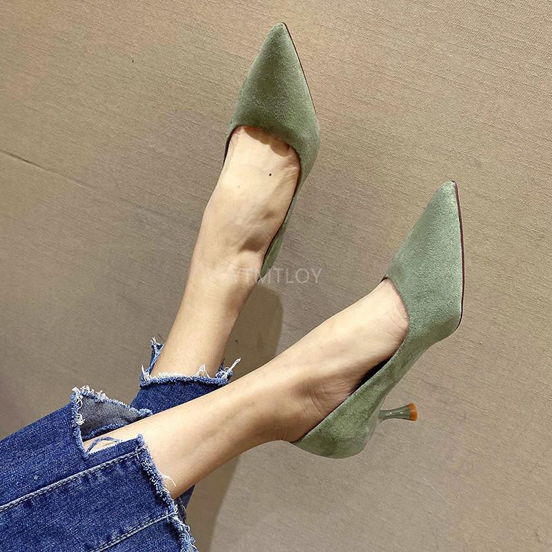 

Pumps 2021 Spring New Pointed High-Heeled Suede Shoes Europe America Style Large Size Pointed Toe Slip-On Zapatos Rojos Mujer, Beige