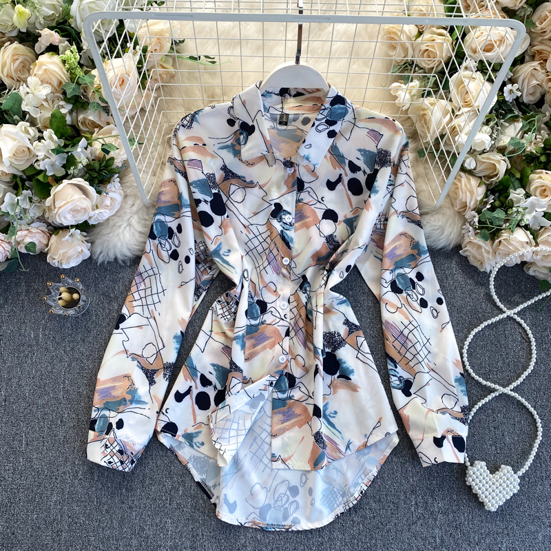 

2021 Women Pattern Printed Blouse New Lapel Long Sleeve Loose Shirt Fashion Tide Spring Summer Top Ehtm, Multi