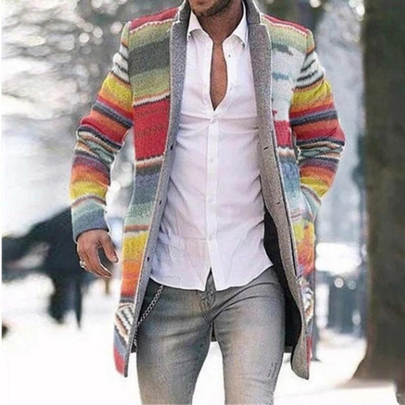 

Winter Men Warm Coat Long Sleeve Male Rainbow Print Slim Long Single-breasted Wool Blends Coa Streetwear Cool Jackets Cardigan, Beige