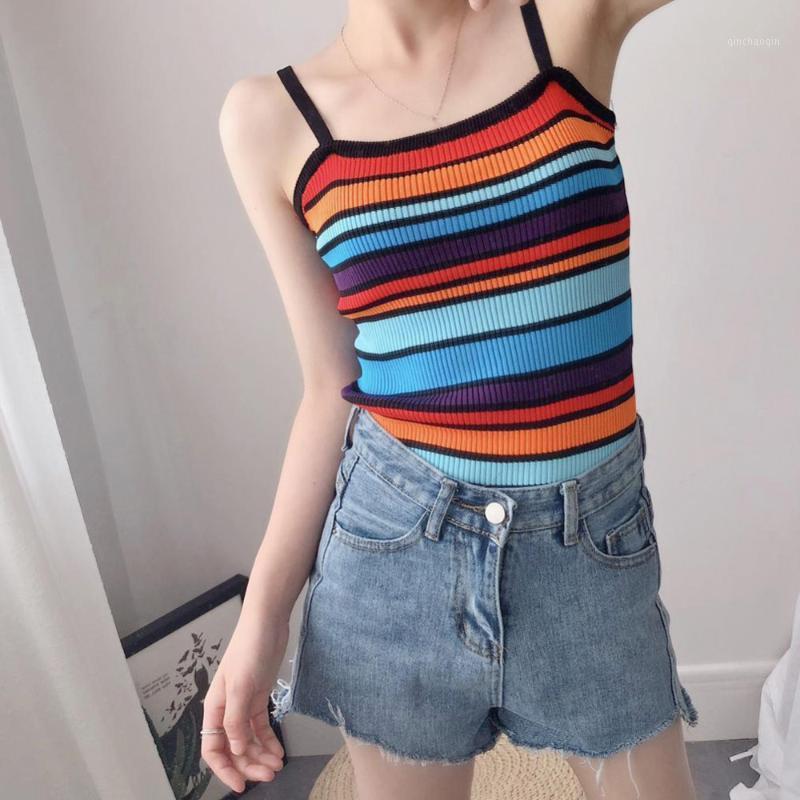 

Women Summer Contrast Colored Stripes Yoga Tops Spaghetti Straps Thread Ribbed Knitted Camisole Slim Fit Casual Beach Party Vest1, One size
