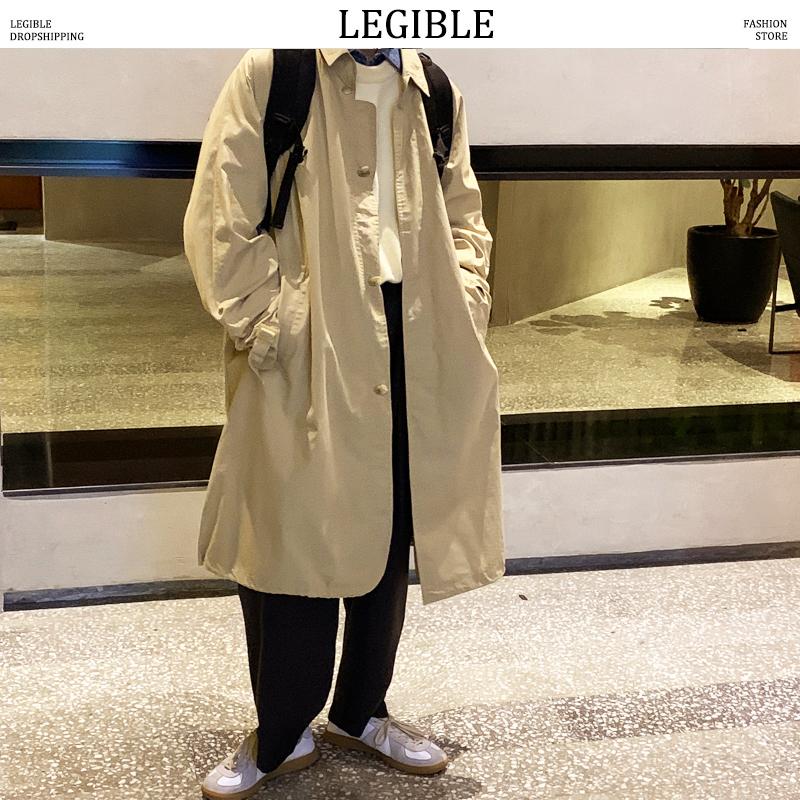 

LEGIBLE Long Jacket Mens Spring Autumn Loose Casual Men Windbreaker Solid Trench Coat for Men, Black