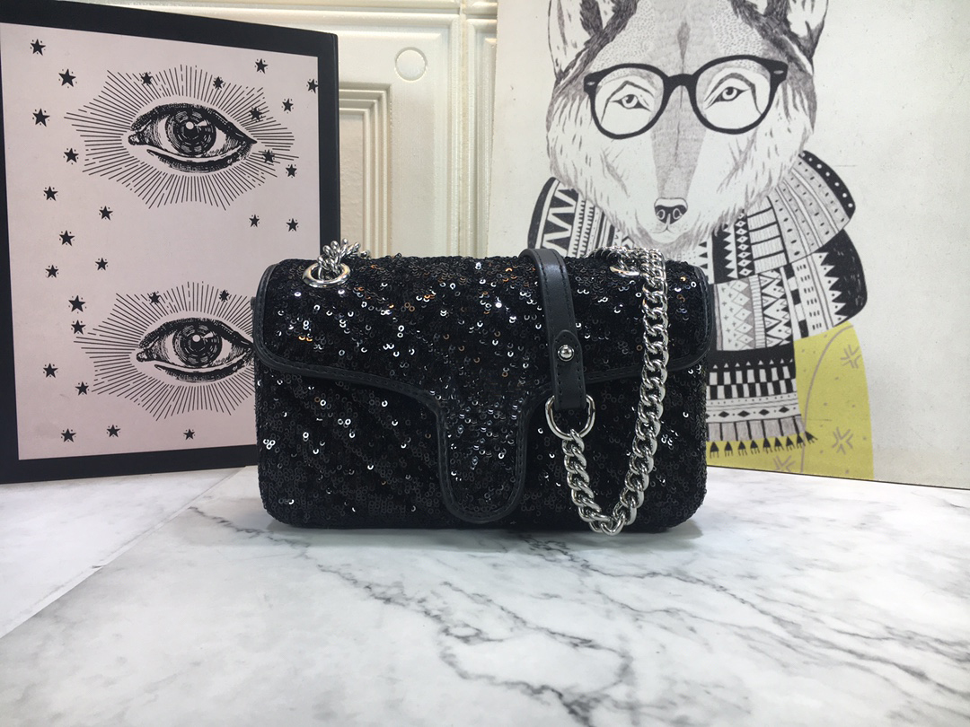 

446744 Marmont sequin embroidered quilted silk Sliding chain strap Metal logo lady pocket Flap top handle bags shoulder bags Cross-body bags, Sky blue