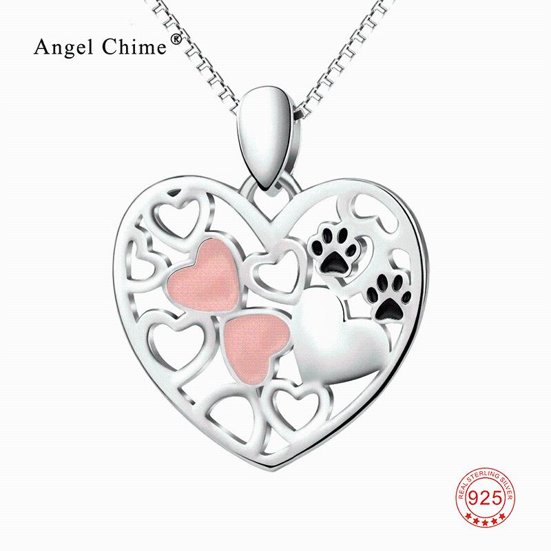 

925 Sterling Silver Dog Cat Print in Cut Out Heart Crystal Paved Pendants Necklaces Love Animal Pet Jewelry for Women
