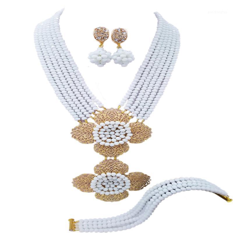

Earrings & Necklace Fashion White African Jewelry Set Nigerian Crystal Beads Wedding Accessories Party Gifts 6LDH04, Silver