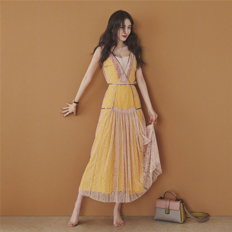 

Track Maxi Dresses of the Long Women Malha 2021 Summer Tank Without Dressed As Party Ladies in Yellow Sexy Eztr