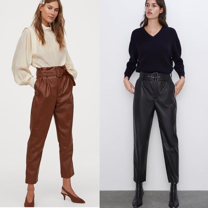 

High Waist PU Leather Harem Pants with Belt Loose Vintage Leisure Solid color Female Long Trousers 2021 Spring Autumn New, Black