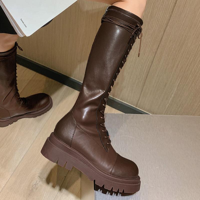 

Women Round Head Chunky Tick Heels Knee High Boots Lace-up Fall Winter Fashion Cross-Tied Black Dark Brown Boots Shoes 2020