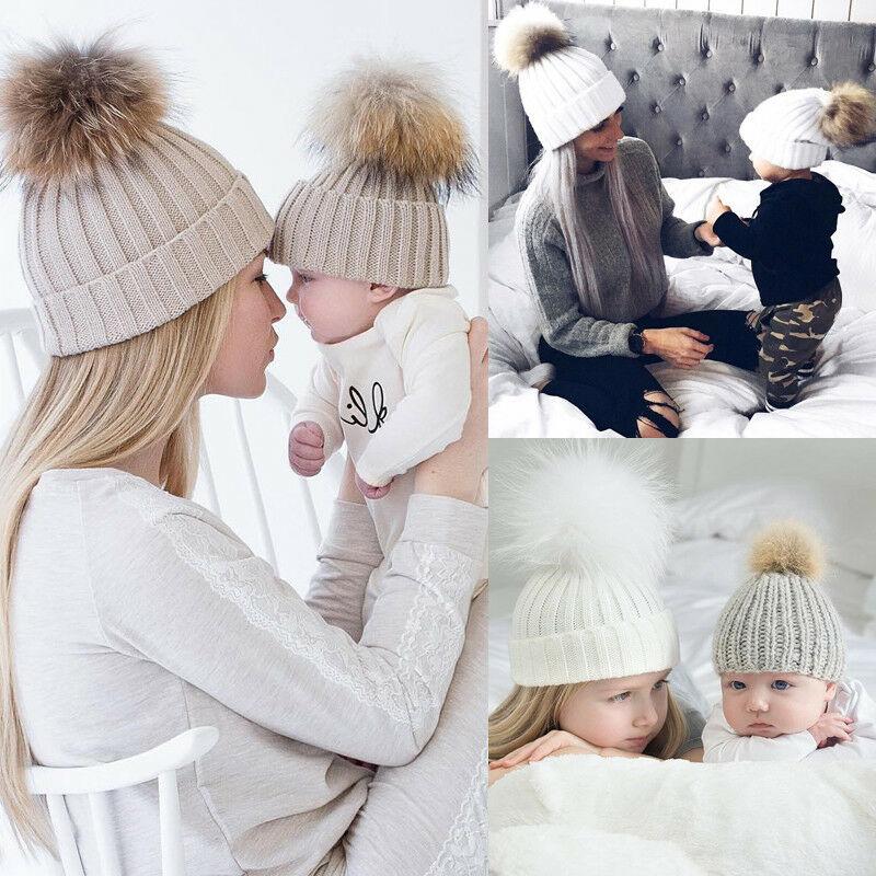 

Womens Baby Warm Winter Knit Beanie Solid Color Wool Hats For Kids Mom New Casual Fur Ball Pompom Beanies Ski Parent-child hats, White