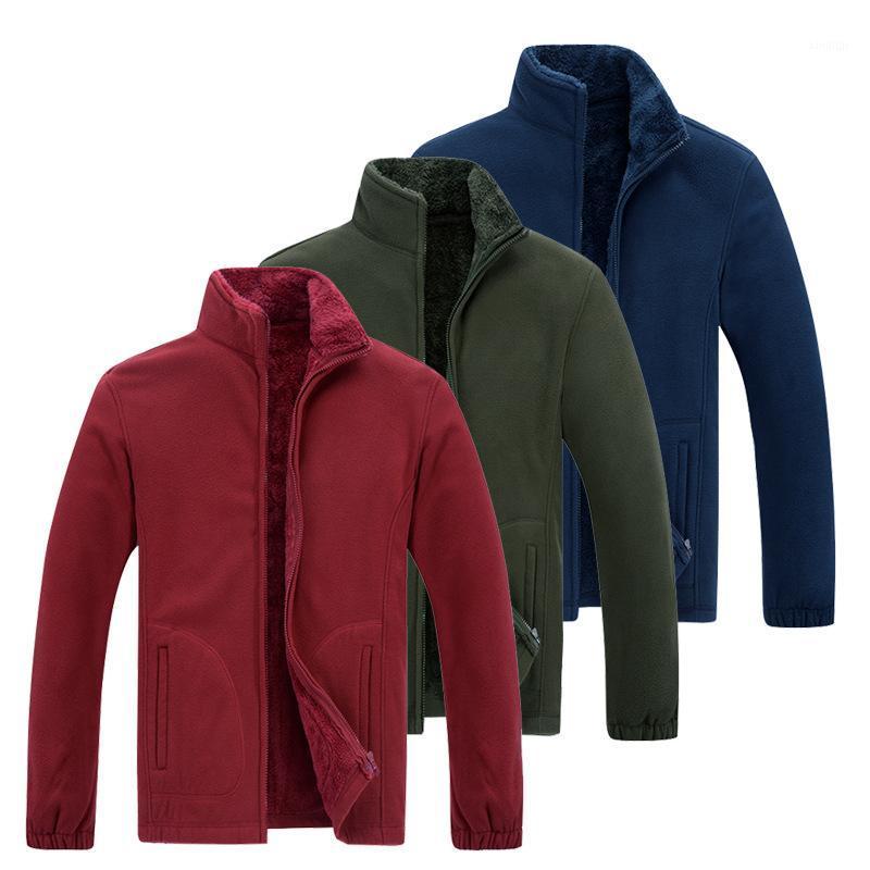 

Men's winter solid color Plush thickened loose oversized stand collar cardigan fleece jacket stormsuit black silk liner1, Army green