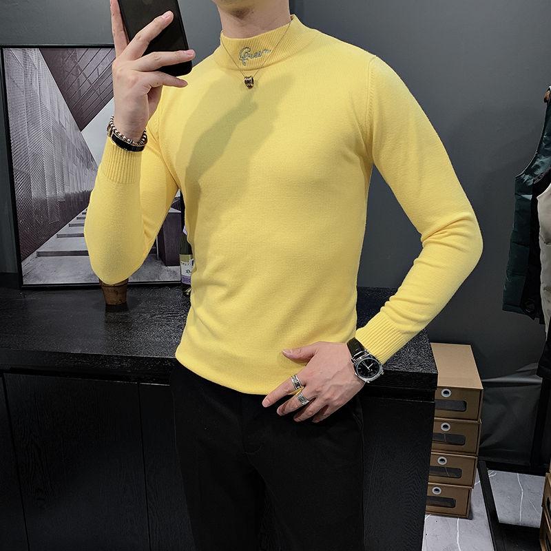 

2020 Autumn Men Sweater Round Neck Yellow Solid Color Long Sleeve Men Pullover Slim Sweaters Knitted Sweater Fashion, Black