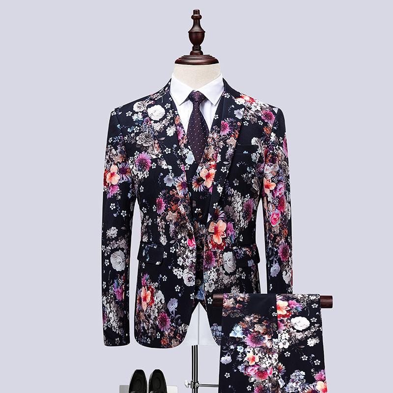 

Men's suit fashion floral suit three-piece (coat + pants + vest) men's dance party dress suits with pants trousers, Photo color