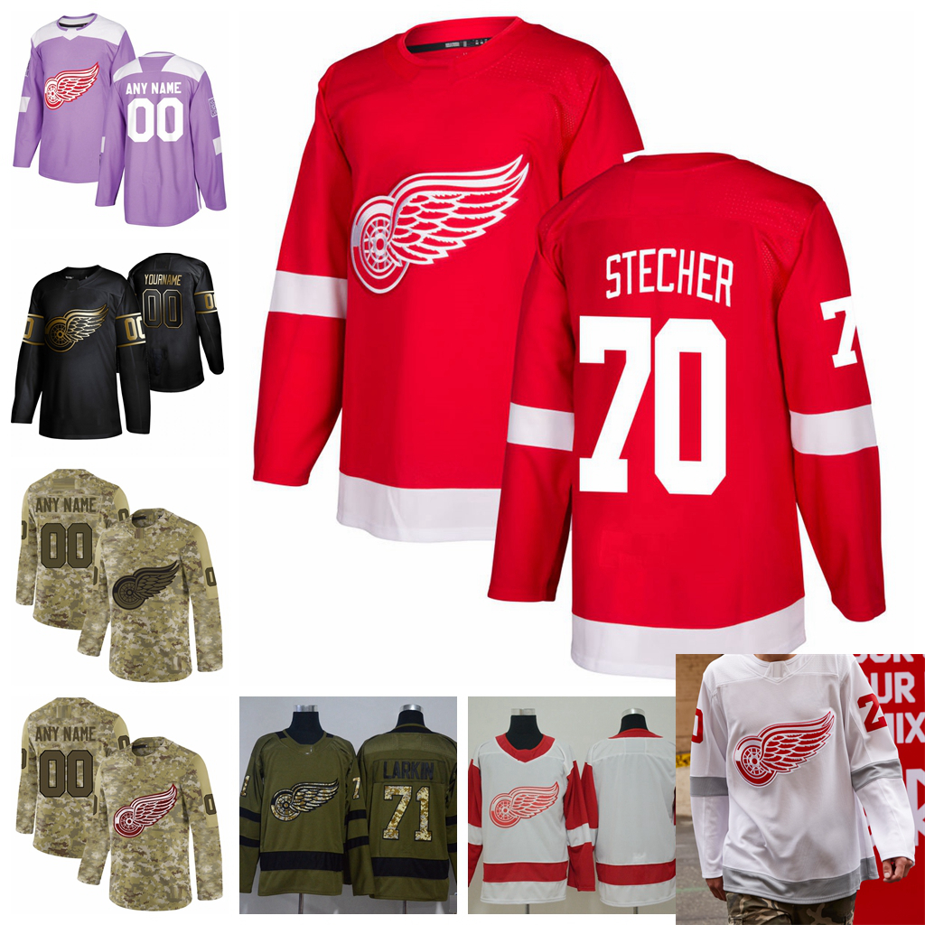 

2021 Reverse Retro Customize #70 Troy Stecher Detroit Red Wings Jerseys Golden Edition Camo Veterans Day Fights Cancer Hockey Jerseys, Gold
