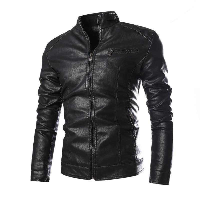 

Men's Leather Jackets 2020 New Zippered Pocket Trim PU Stand-up Collar Men's Motorcycle Leather Jacket, Black