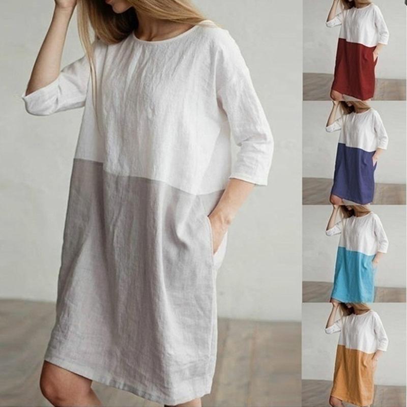

Fashion Women Summer Two-color Stitching Vintage Dresses Casual Clothes Dress Cotton Short Sleeve Linen Retro Clothing Plus Size, White