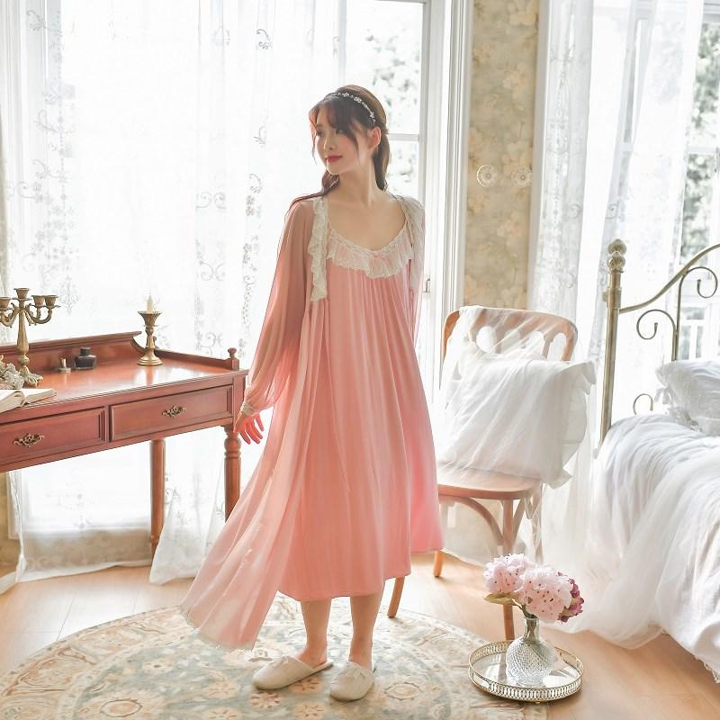 

Spring Autumn Vintage Princess Modal Sexy Women's SexRobe Sets Sweet Lace Gauze Long Sleepwear Elegant Night Dress Home Wear, Pink