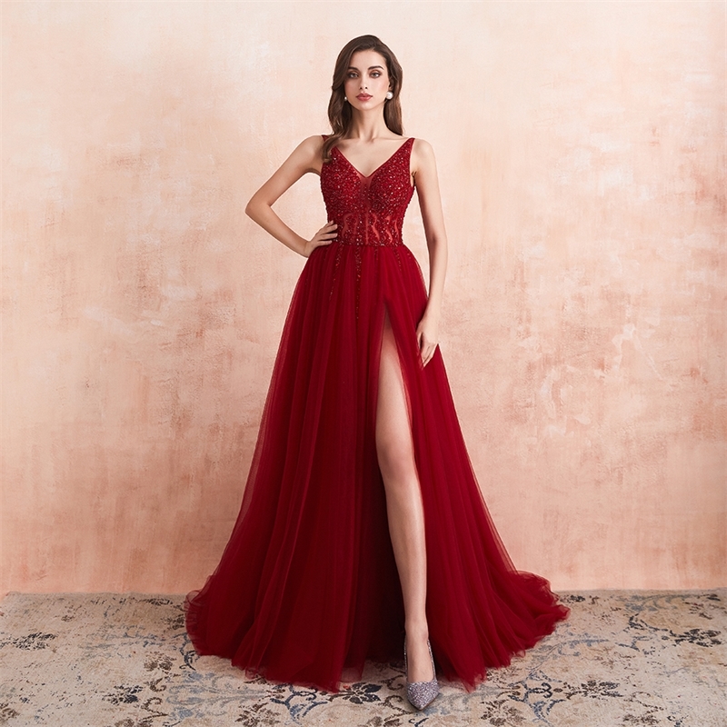 

Beading Prom Dresses Long Sexy V-Neck High Split Tulle Sweep Train Sleeveless Evening Gown A-Line Backless Vestido De 201113, Light gray