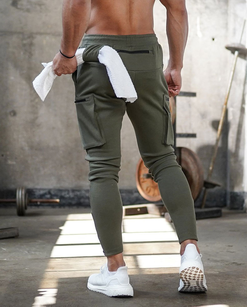 

Muscle Fitness Brothers Male Spring and Autumn Sports Casual Running Exercise Multi-pockets Zipper Trousers Sweatpants Foreign T, White camo black logo