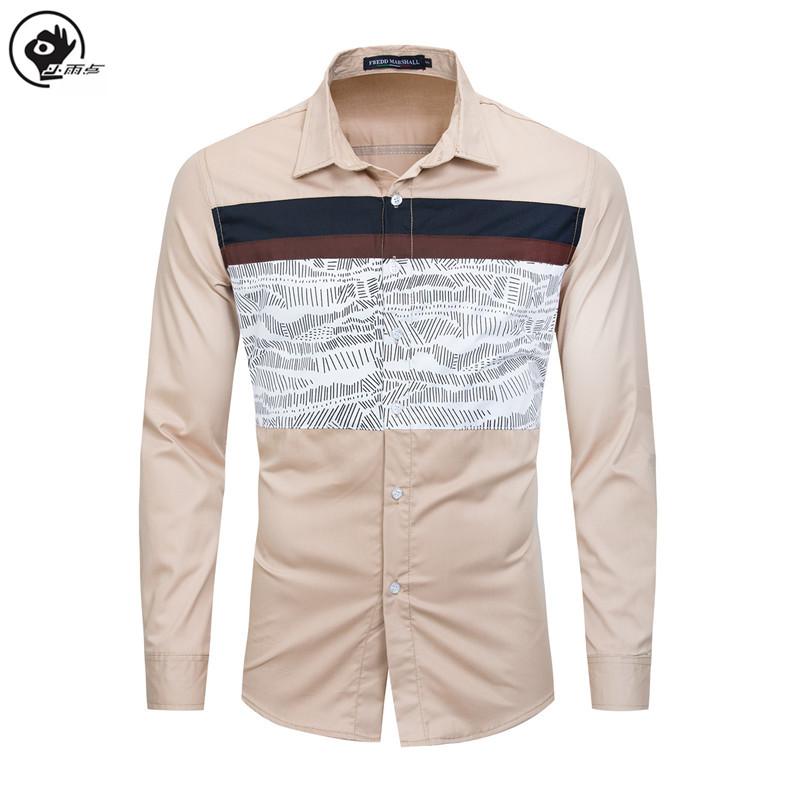 

Little Raindrop Men Shirt Turn-down Collar Long Sleeve Patchwork Printed Shirts Cotton Homme Tops Plus Size Mens Khaki Shirt