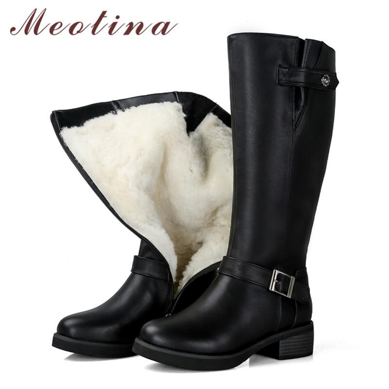 

Meotina Natural Leather Real Wool Fur Snow Boots Platform Mid Heel Knee High Boots Women Buckle Zip Block Heels Long Lady, Black