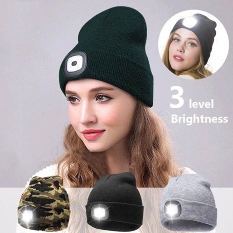 

1pc Led Luminous Knitted Lamp Cap Outdoor Camping Lighting Mountaineering Lamp Wool Night Black Fishing Head Warm Hat D3C9