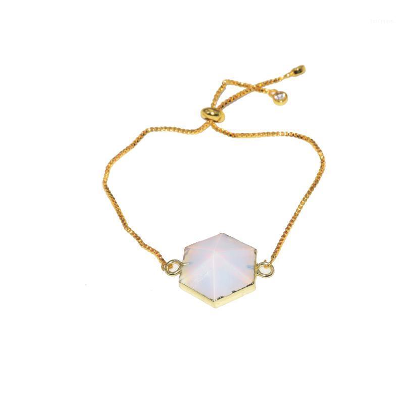 

Natural Opal Hexagonal Connector bracelet 2020 gold bezel 6 face white adjustable stone chain couple bracelet for femme1