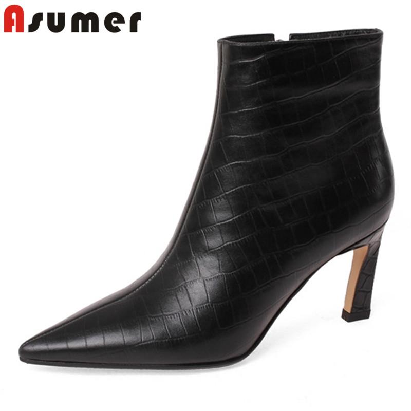 

ASUMER 2020 new arrive ankle boots women genuine leather high heels boots pointed toe zip classic dress office shoes ladies, Black not fur