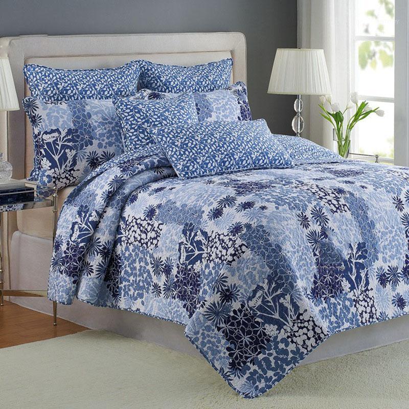 

CHAUSUB Print Bedspreads Quilt Set 3PCS Quilts Washed Cotton Quilted Bed Cover With 2 Pillowcase  Queen Size Coverlet1, Blue