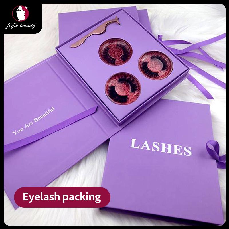 

3 Pairs Eyelash Packaging Box Lashes Packing Lash Purple Packag Eyelashes Book Set Custom Printing Logo Case Supplier Wholesale