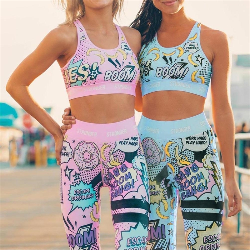 

Graffiti Print Tracksuit For Women, Yoga Bra + Yoga Pants Set Sports Suit Women Fitness Gym Clothing Ladies Tight Leggings s11 Y200413, Blue