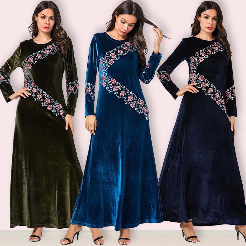 

winter women ethnic velvet floral embroidery maxi dress fashion full sleeve plus size casual african arabic muslim gown, Sky blue