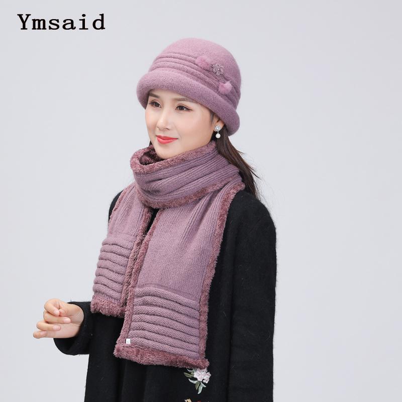 

Middle-Aged Mother Hat Autumn Winter Hair Blend Knitted Basin Hat Warm Grandma Scarf Set Women Fashion Elegant Wool Cap, Wine red hat