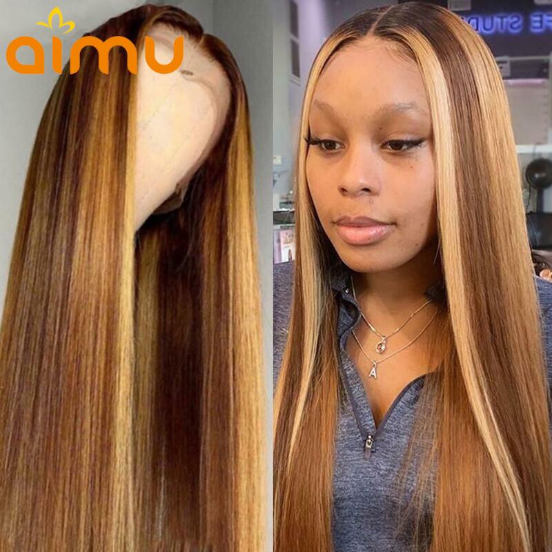 

Pre plucked Highlight Honey Blonde Ombre Human Hair Wigs HD Straight 13x1+4x1 Lace Part Wigs For Women Bleached Knots Remy Hair, As pic