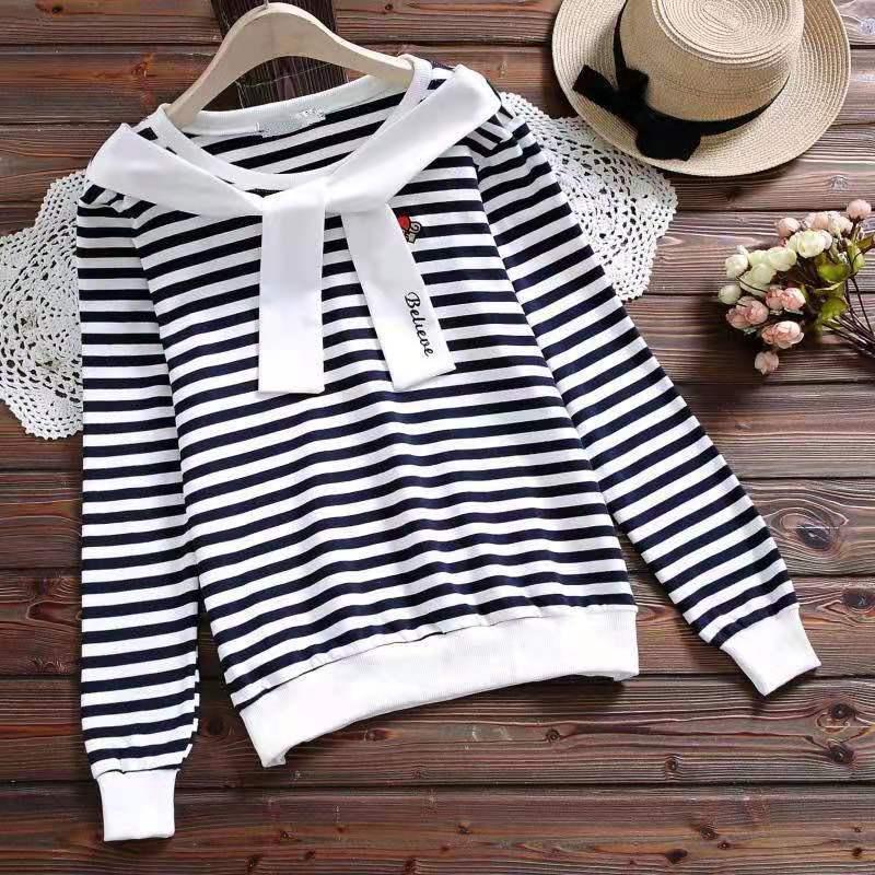 

2021 New Spring Summer Striped T-Shirt For Women Fashion O-Neck Bandage Decor Loose Oversize Base Shirt Femmale Hooded Optional, Black