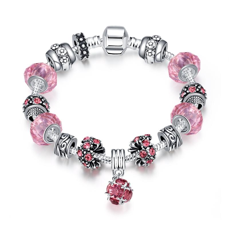 

Charm Bracelets Fashion European Style For Women Silver Color Bracelet DIY Jewelry Pink Crystal Murano Glass Beads PDRH009-C