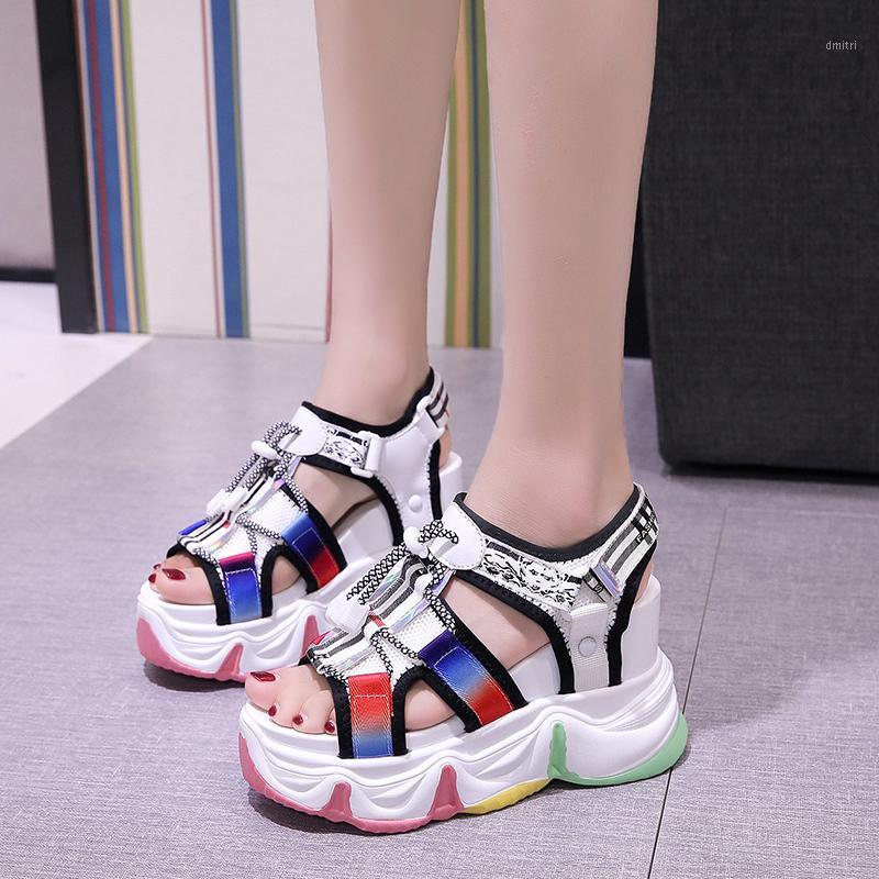 

Rainbow bottom sandals female summer slope with thick bottom 2020 new fashion wild increase sports sandals1, Black