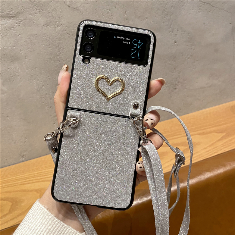 

Glitter Love Hear Crossbody Chain Phone Case for Samsung Galaxy Z Flip3 5G Adjustable Lanyard Rope Sparkle Protective Shell Shockproof