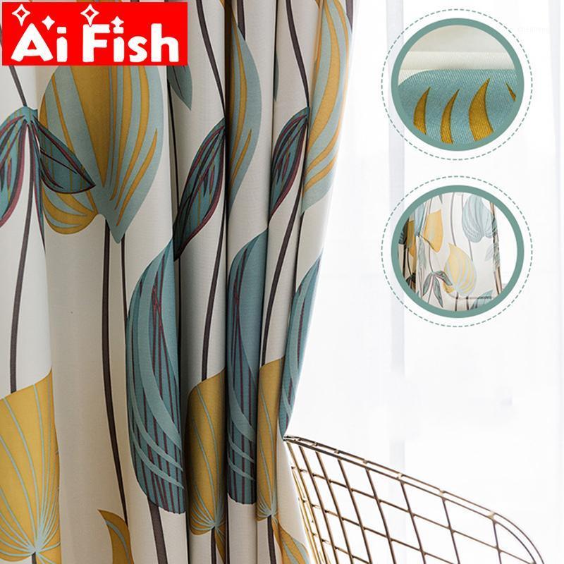 

Blue-yellow Print Leaf Shade Curtains for Living Room Art Leaves Window Treatment Drapes for Bedroom Blackout Curtains MY097#31, White tulle